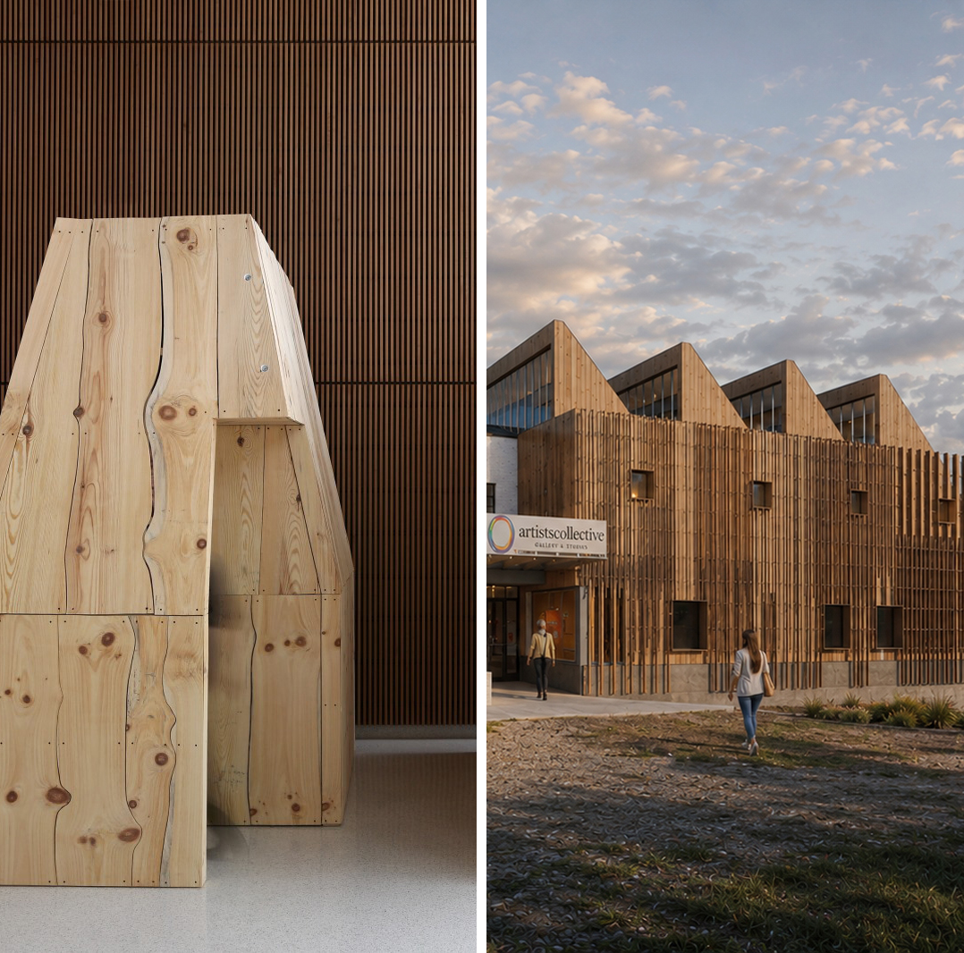 2026 AIA VA Design Awards - two projects - one wooden structure and one rendering of an arts center