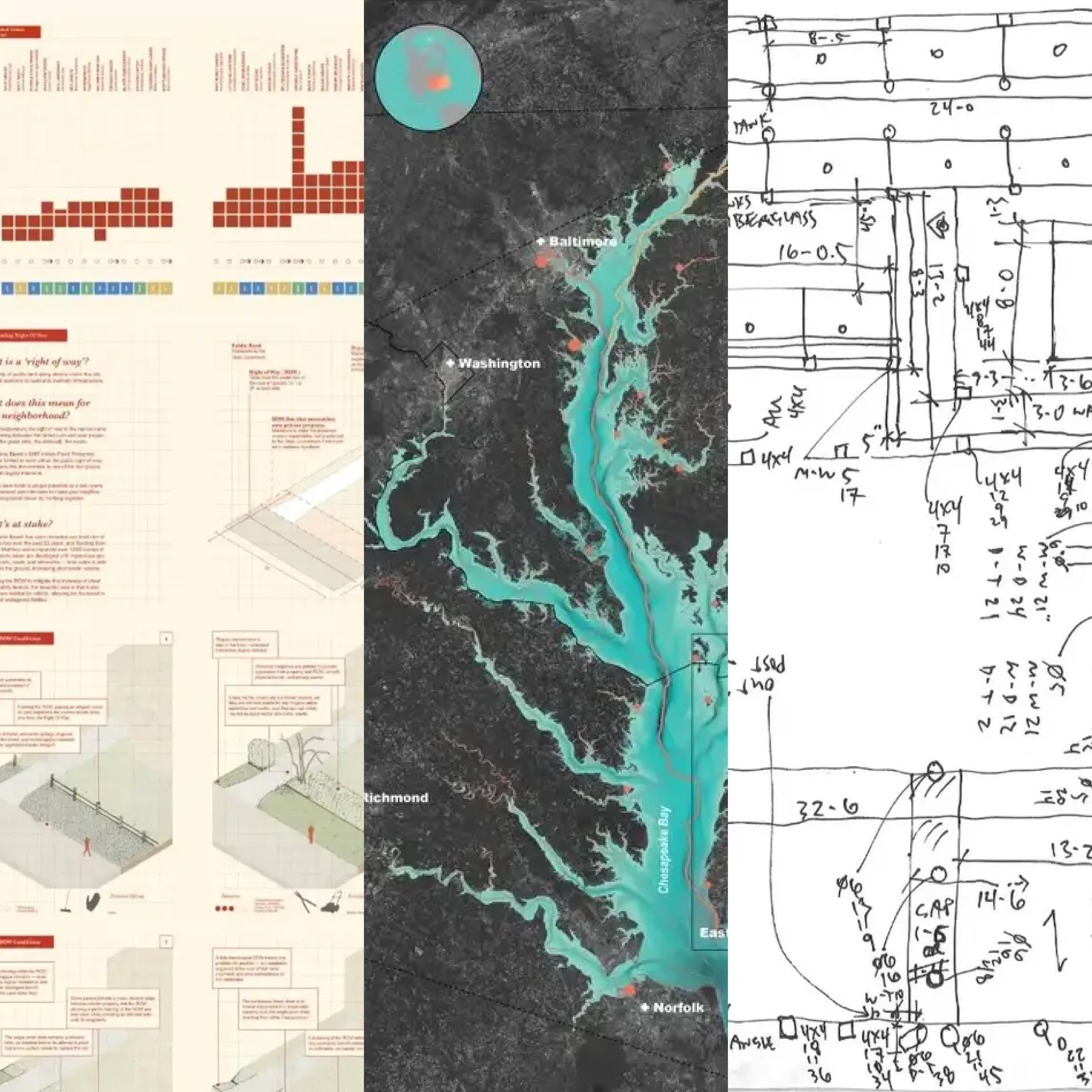 Composite image of drawings and diagrams of student projects related to Virginia's coastal resilience.