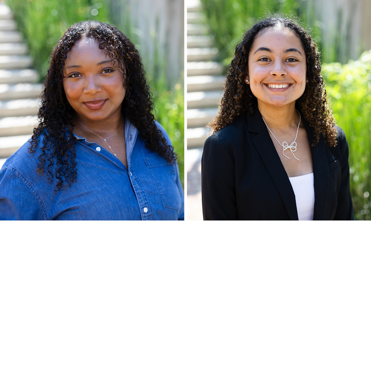 Composite of two portraits of young women standing outside, with a set of stairs and greenery in the background.