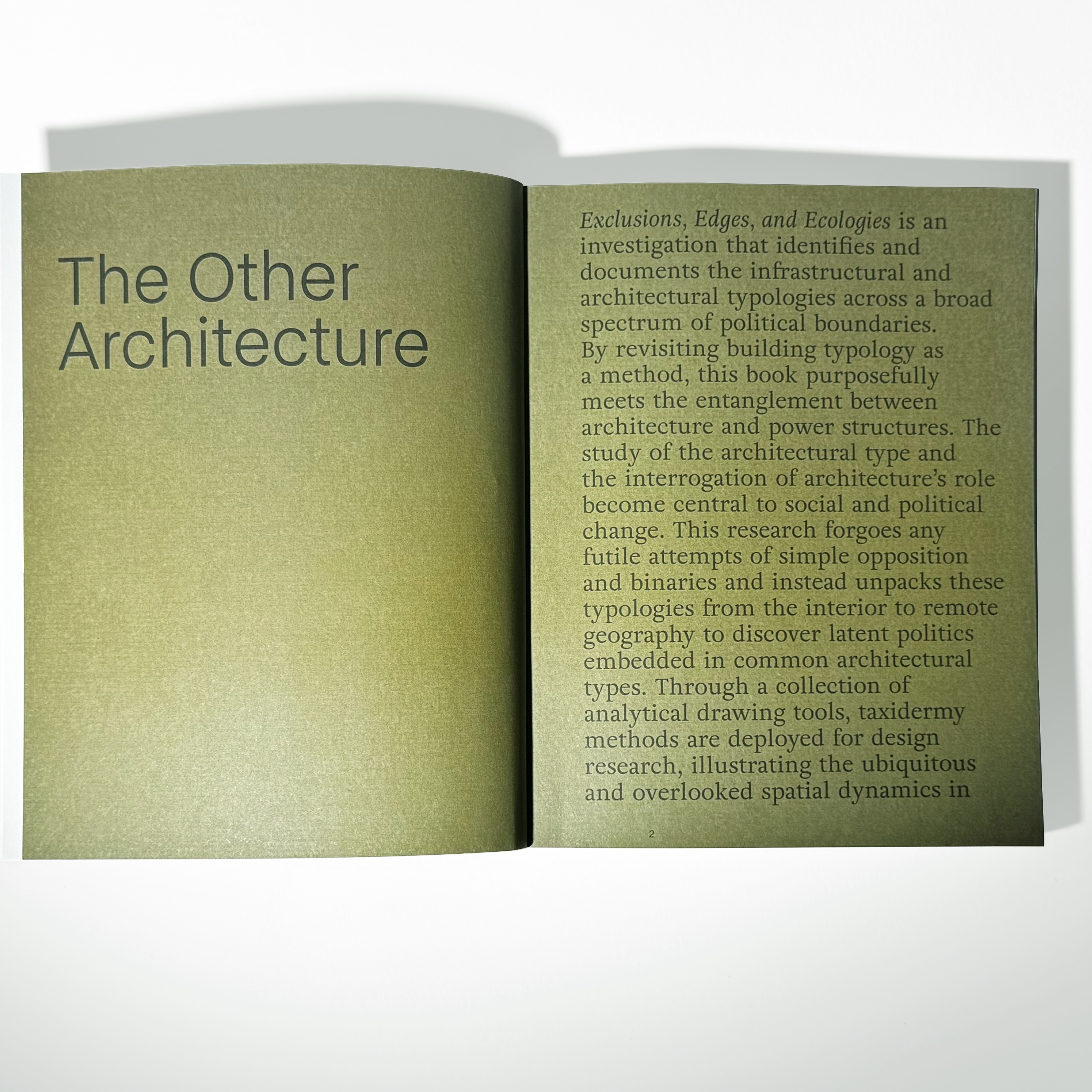 Book spread with olive green pages and black overlaid text. On the left page is a text header, The Other Architecture, and on the right page is a description for the book Exclusions, Edges, and Ecologies.