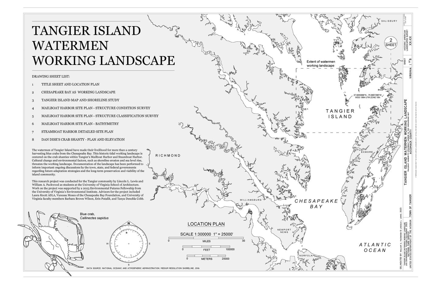 Title sheet and location plan drawing for the project Tangier Island Waterman Working Landscape by Lincoln Lewis and William Packwood.