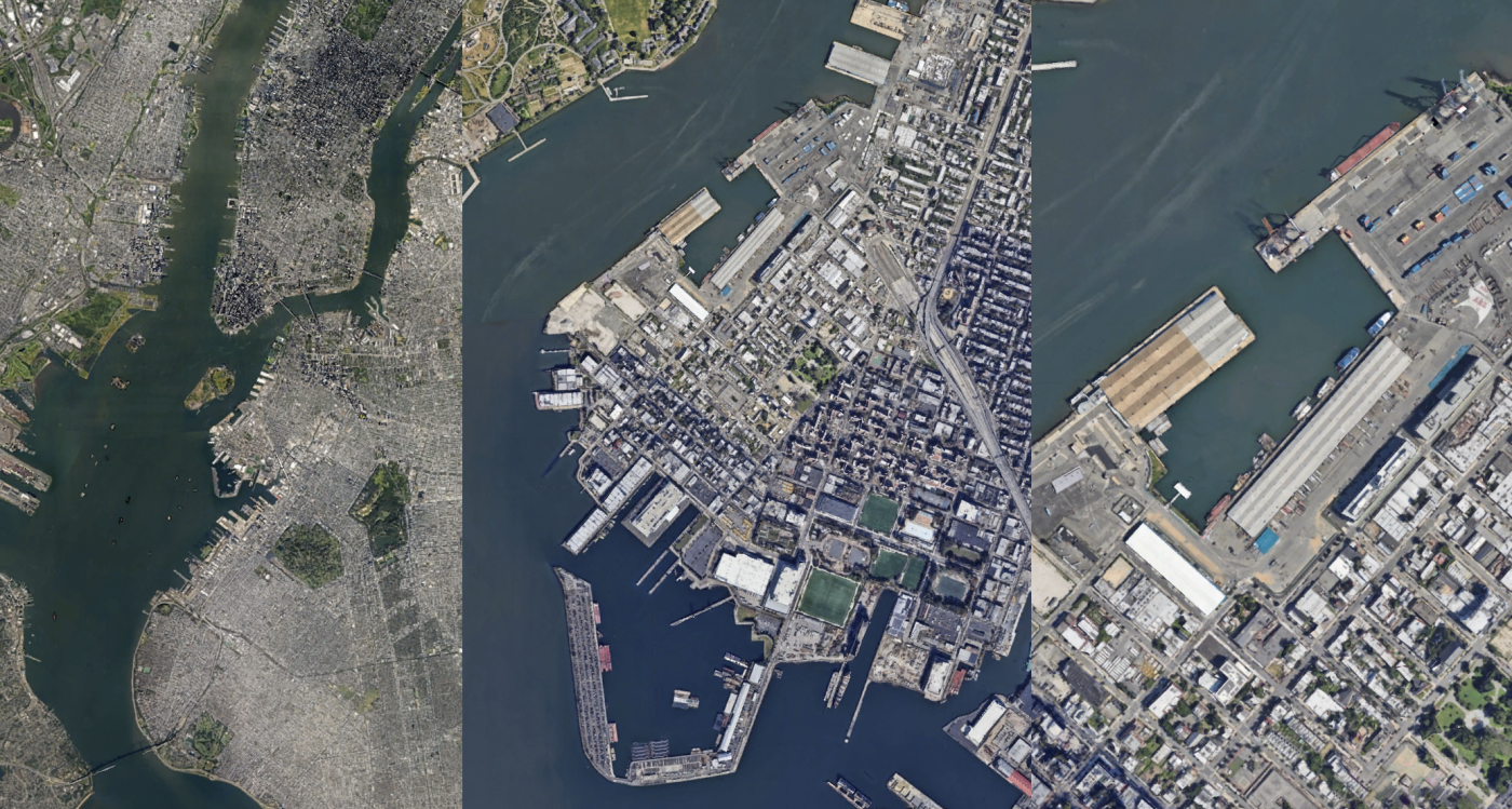 Hyper REAL aerial photos of Red Hook waterfront at three scales