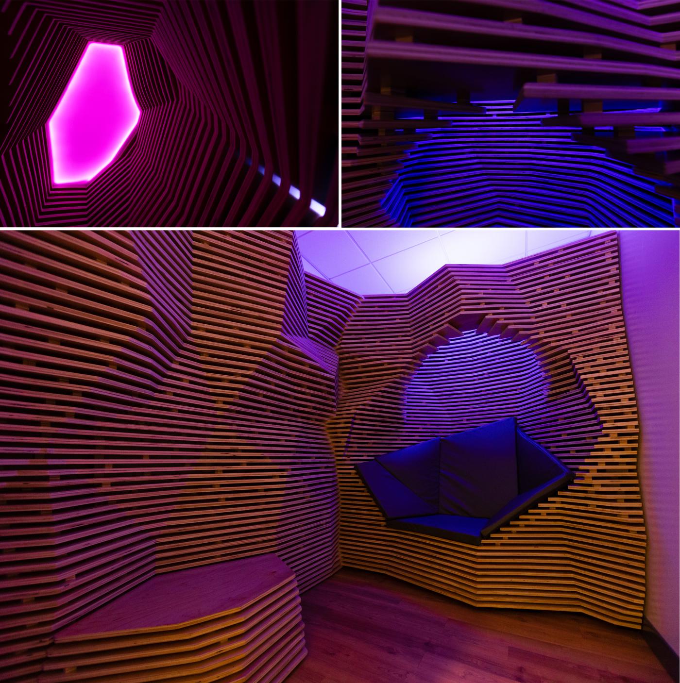 Three images - details and overview of installation called Reflection Room with wood stacked curved form and purple and pink lights