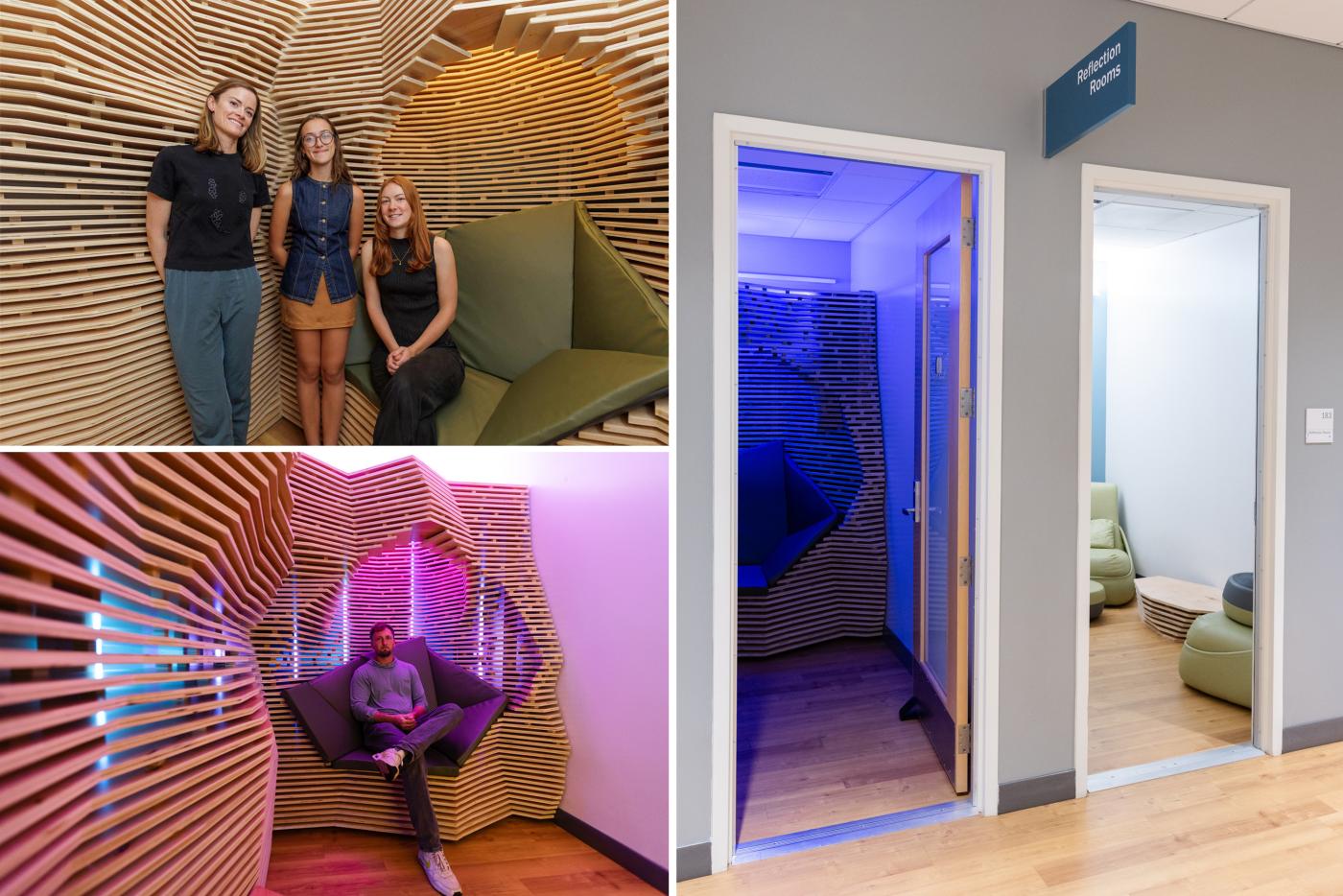 Three images - Three people standing in front of wood installation; one person sitting inside wood installation; two doors into reflection rooms