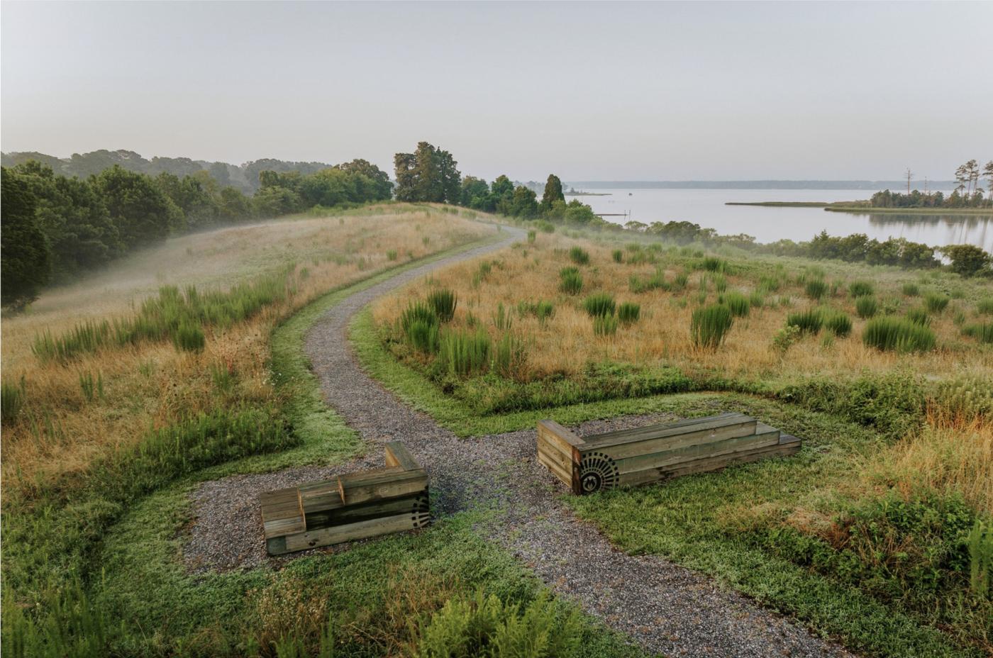 Overhead view of Machicomoco Park in Virginia with water in the far background