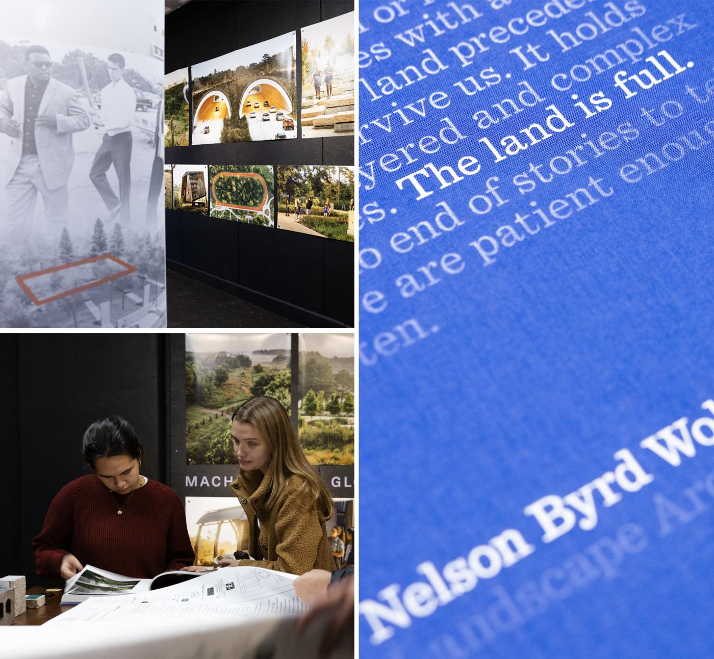The Land is Full exhibition collage of images showing zoomed out view of gallery and close up of book cover