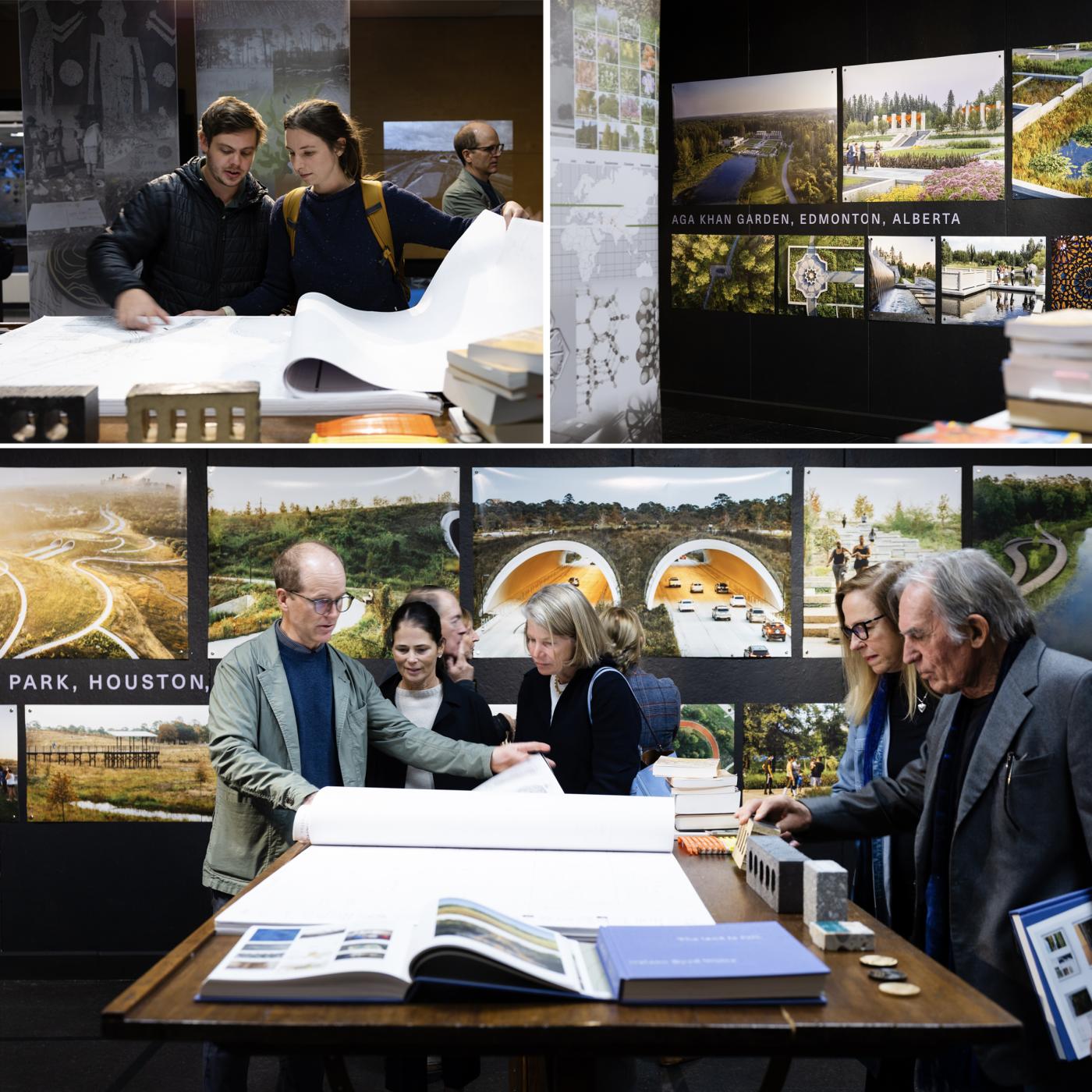 The Land is Full exhibition - collage of images of people looking at books, drawings, artifacts