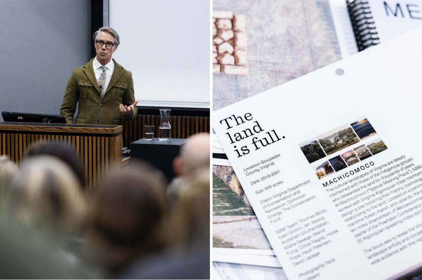 Two images - 1) Thomas Woltz presenting 2) close up of catalog text for The Land is Full exhibition
