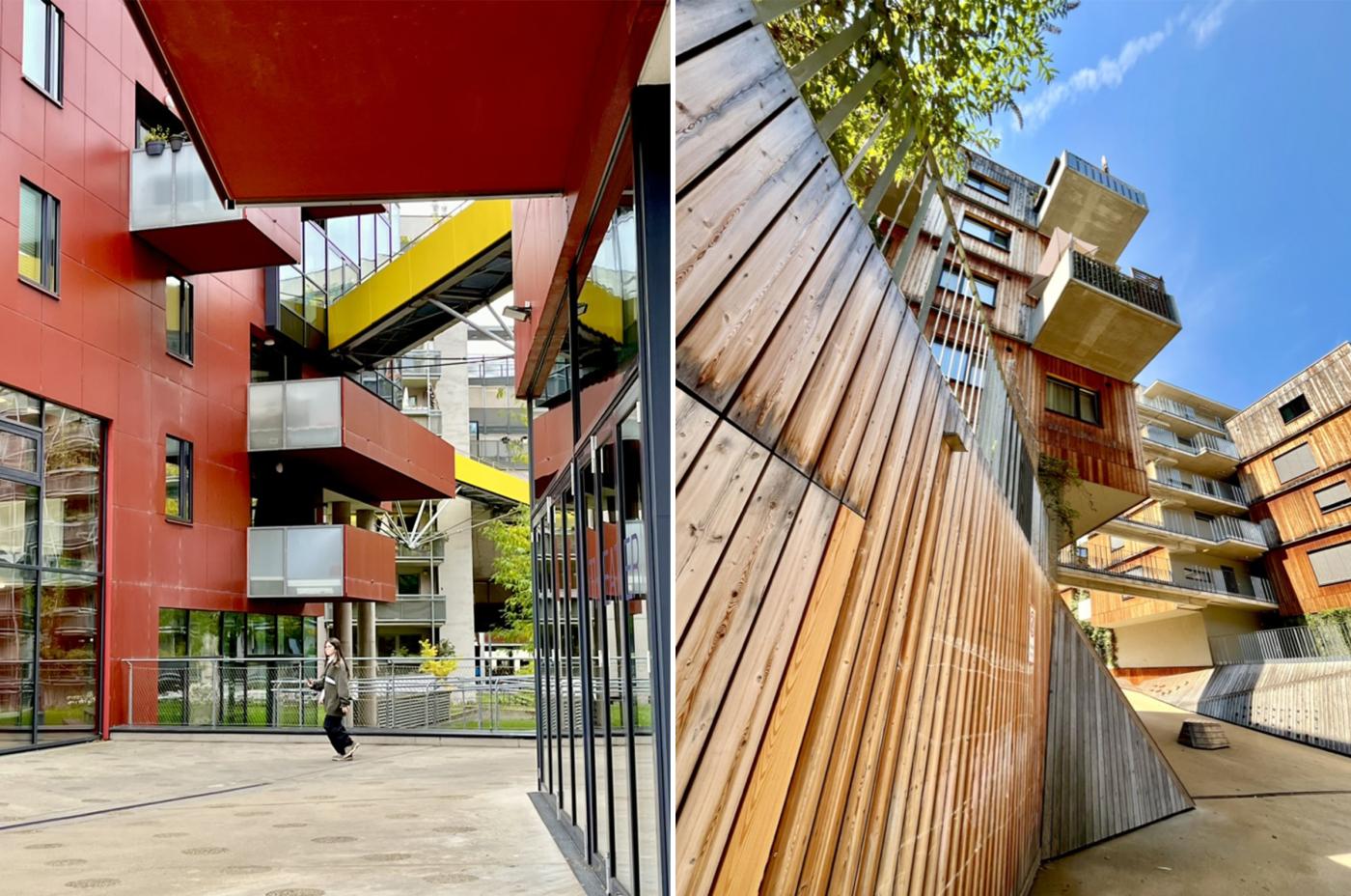 Two images - 1) plaza between buildings with walkways above 2) exterior courtyard with buildings around with wood cladding