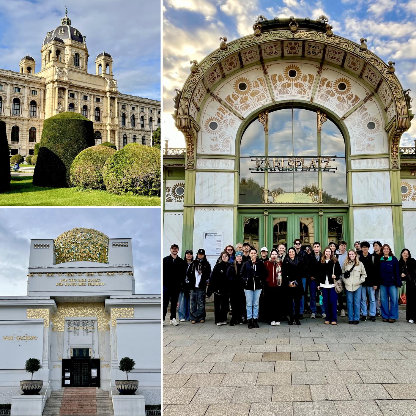 three images - historic buildings in Vienna primarily showing entries, one with a group of people posing in front
