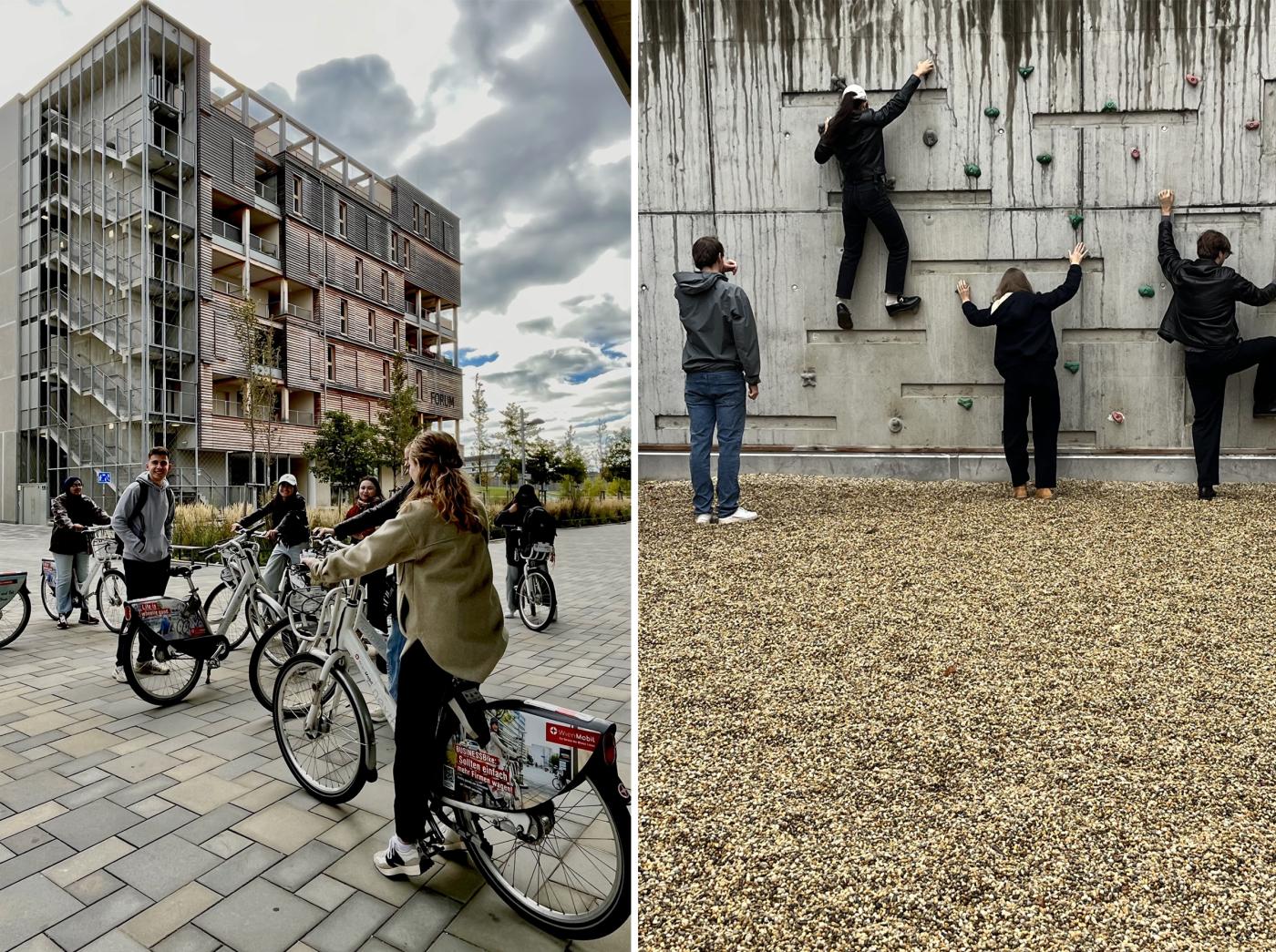 two images - 1) people riding bikes in urban plaza in Vienna 2) four people climbing rock wall in Vienna public space