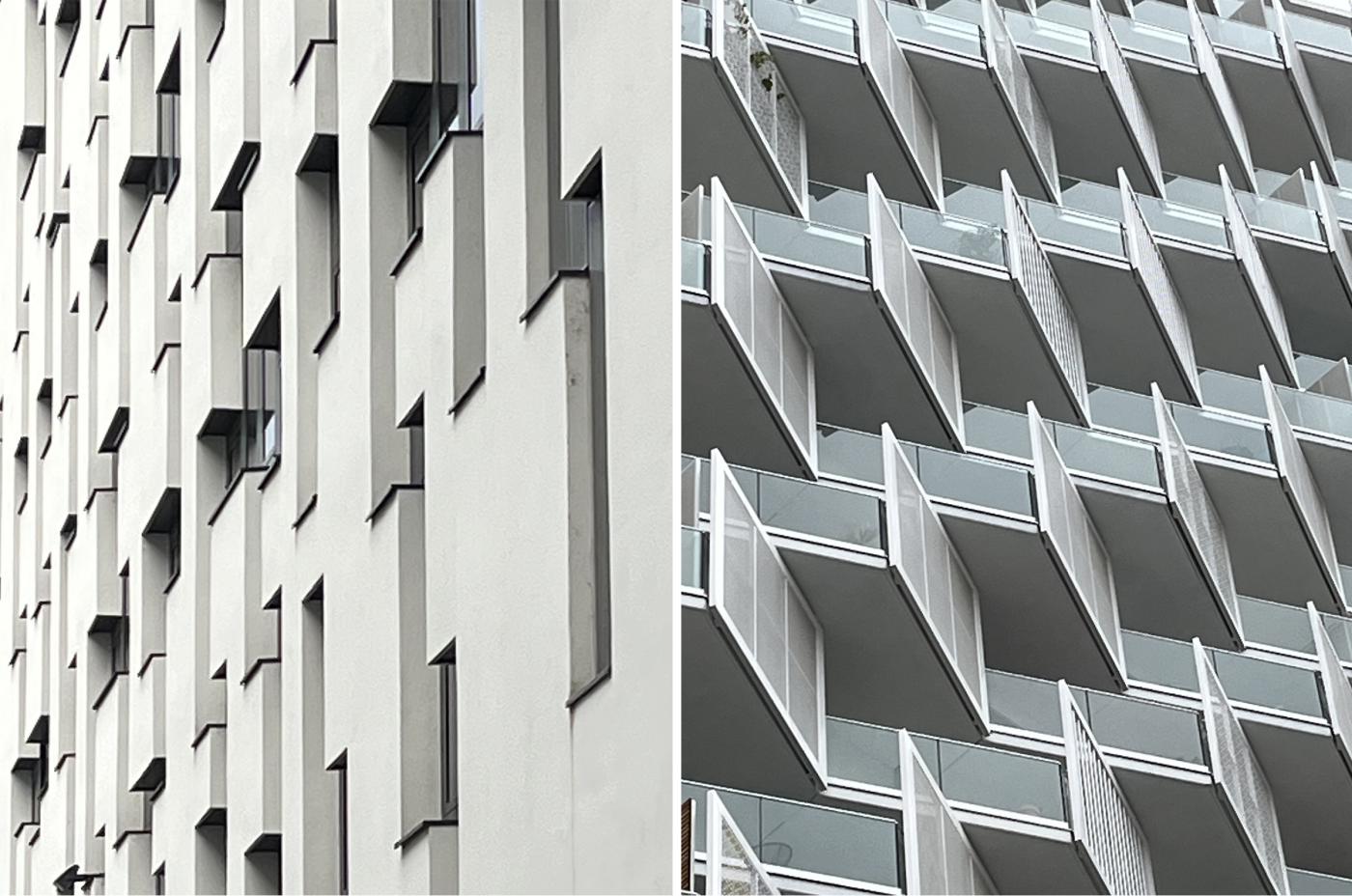 two images - both closeups of facades, one with windows and other with balconies