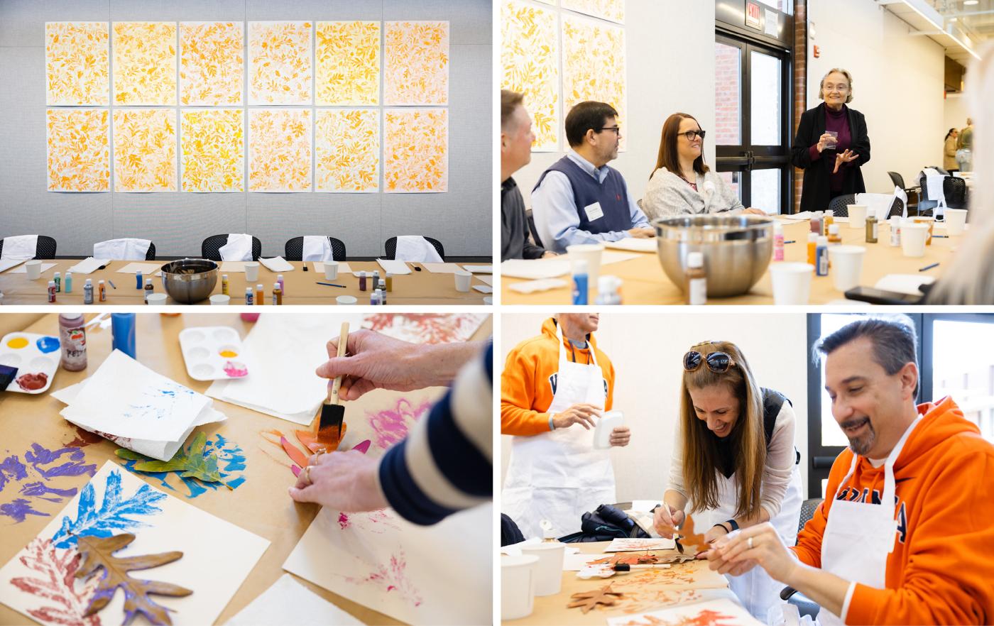 People painting and pressing leaves onto white paper; final posters of leaf prints pinned on wall