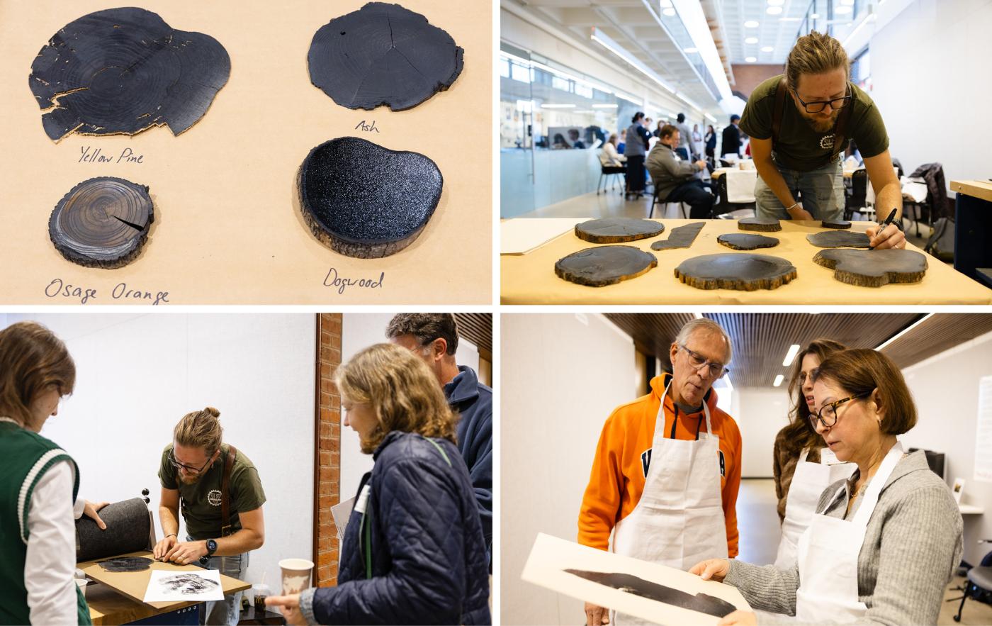 Cross section slices of trees painted in black ink are run through a printing press