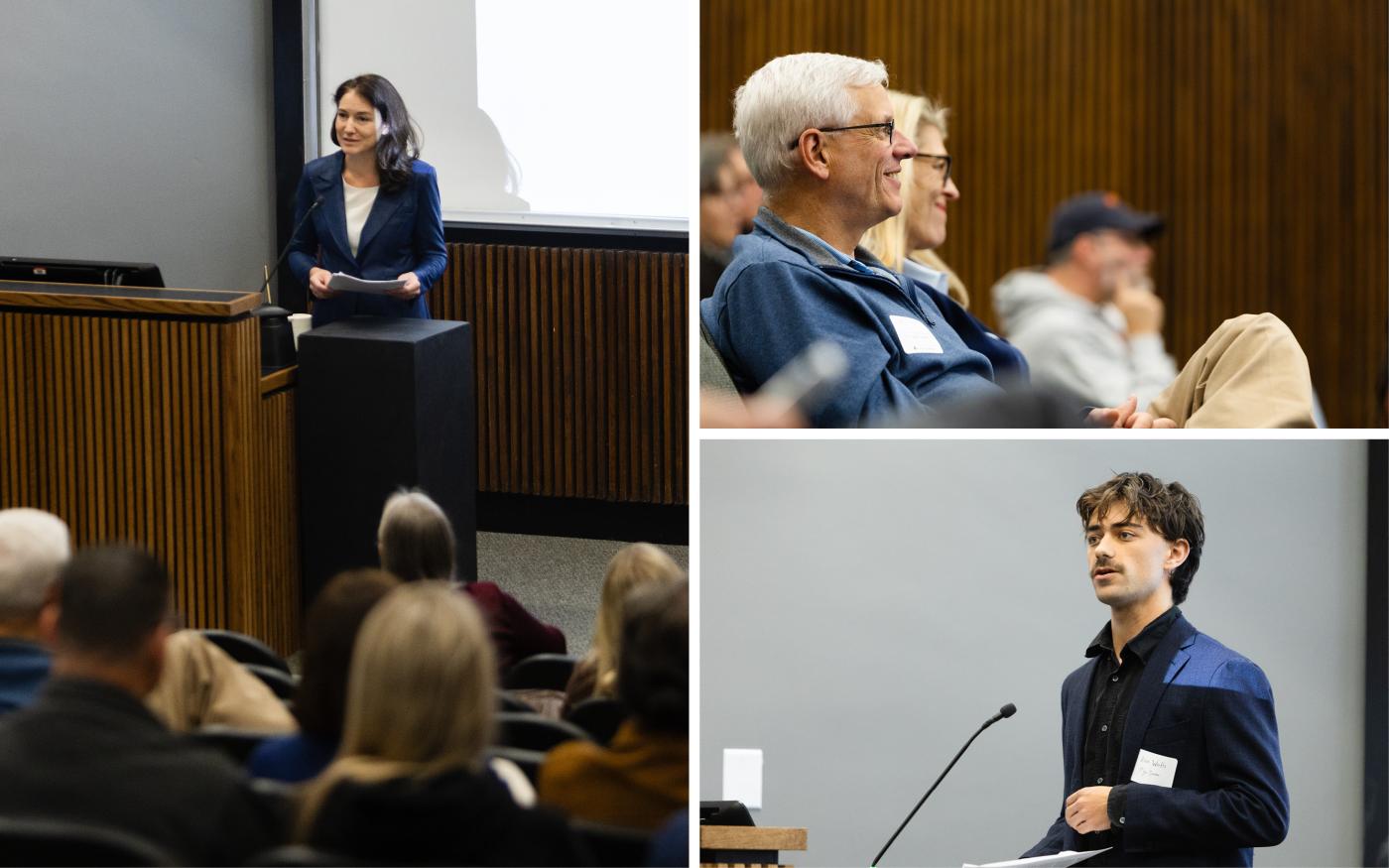 Female speaker at podium; male speaker at podium; middle-aged smiling couple in seated audience