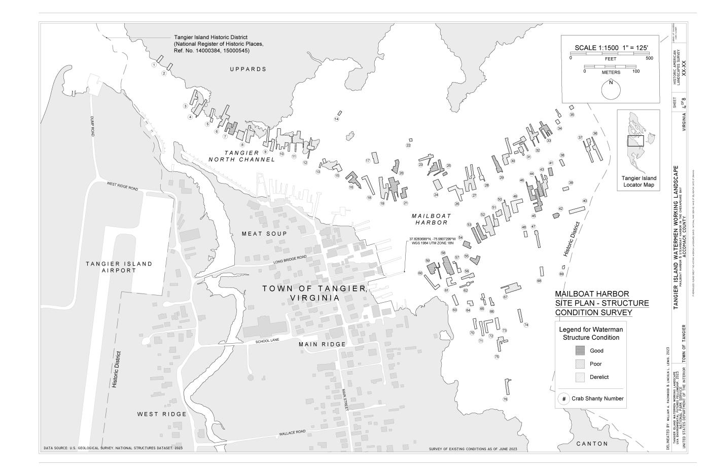 Black and white map drawing of an island town in the Chesapeake Bay