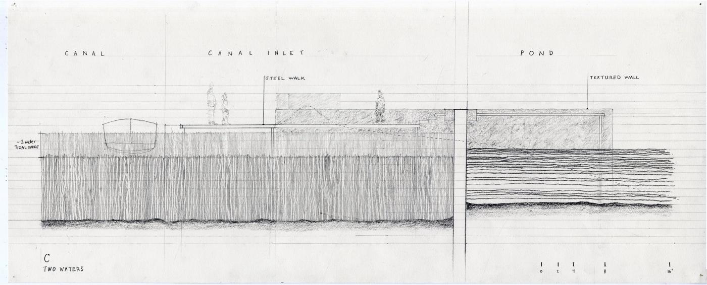 Pencil drawing of section of Torcello island illustrating land water edge