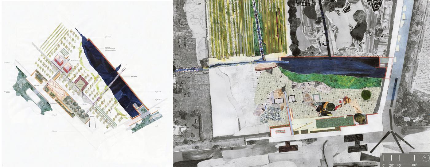 Two images - one plan of Torcello Island, two collage of island from above