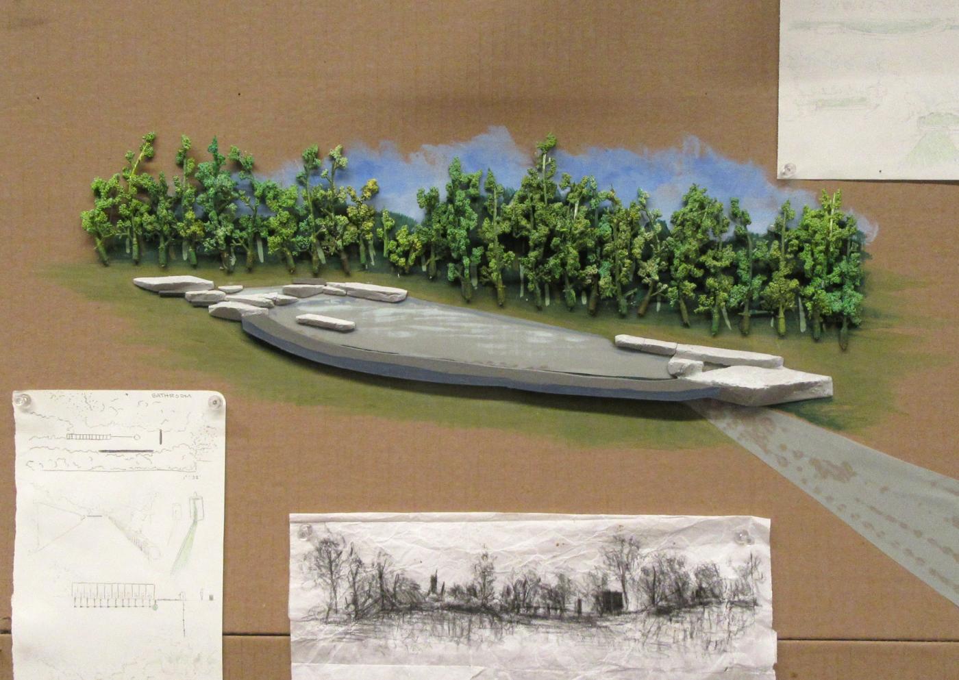 Architectural model showing path and trees by Rena Maier for Venice Studio fall 2025