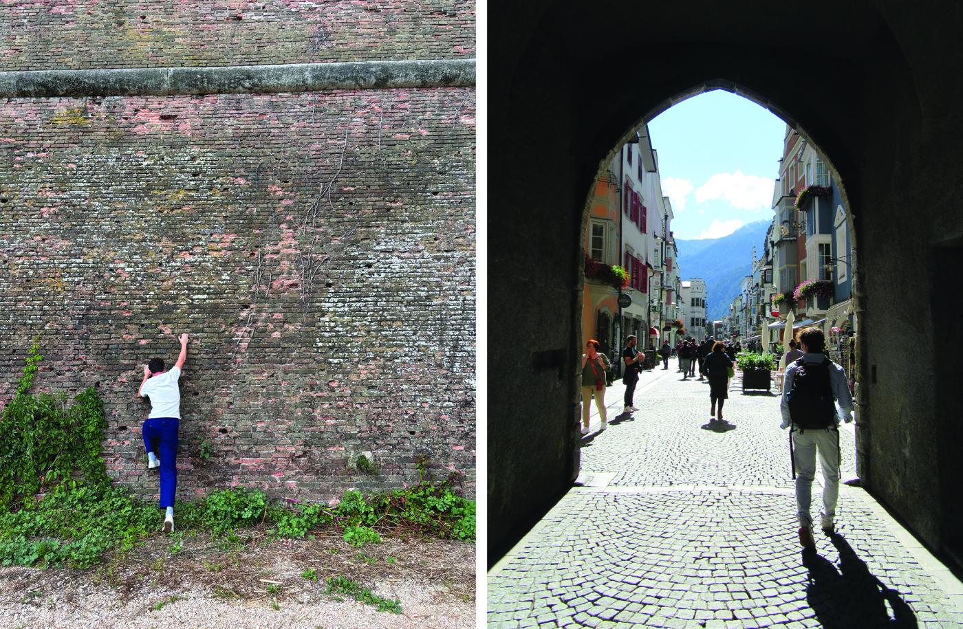 Venice Studio Candid Fall 2025 - Riley climbing a wall and people walking through an arch