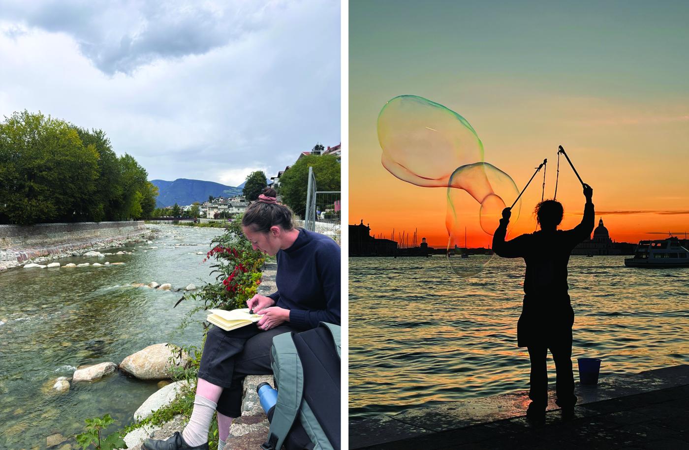 Venice Studio Candid Fall 2025 - Ruth sketching and person with large bubble at sunset