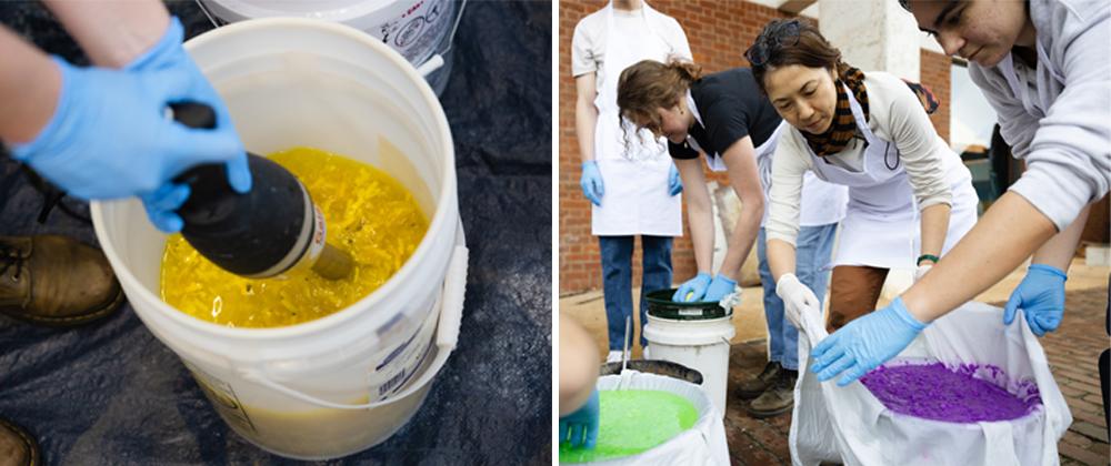 Two images - left, paper pulp being blended; right, artist demonstrating technique to students
