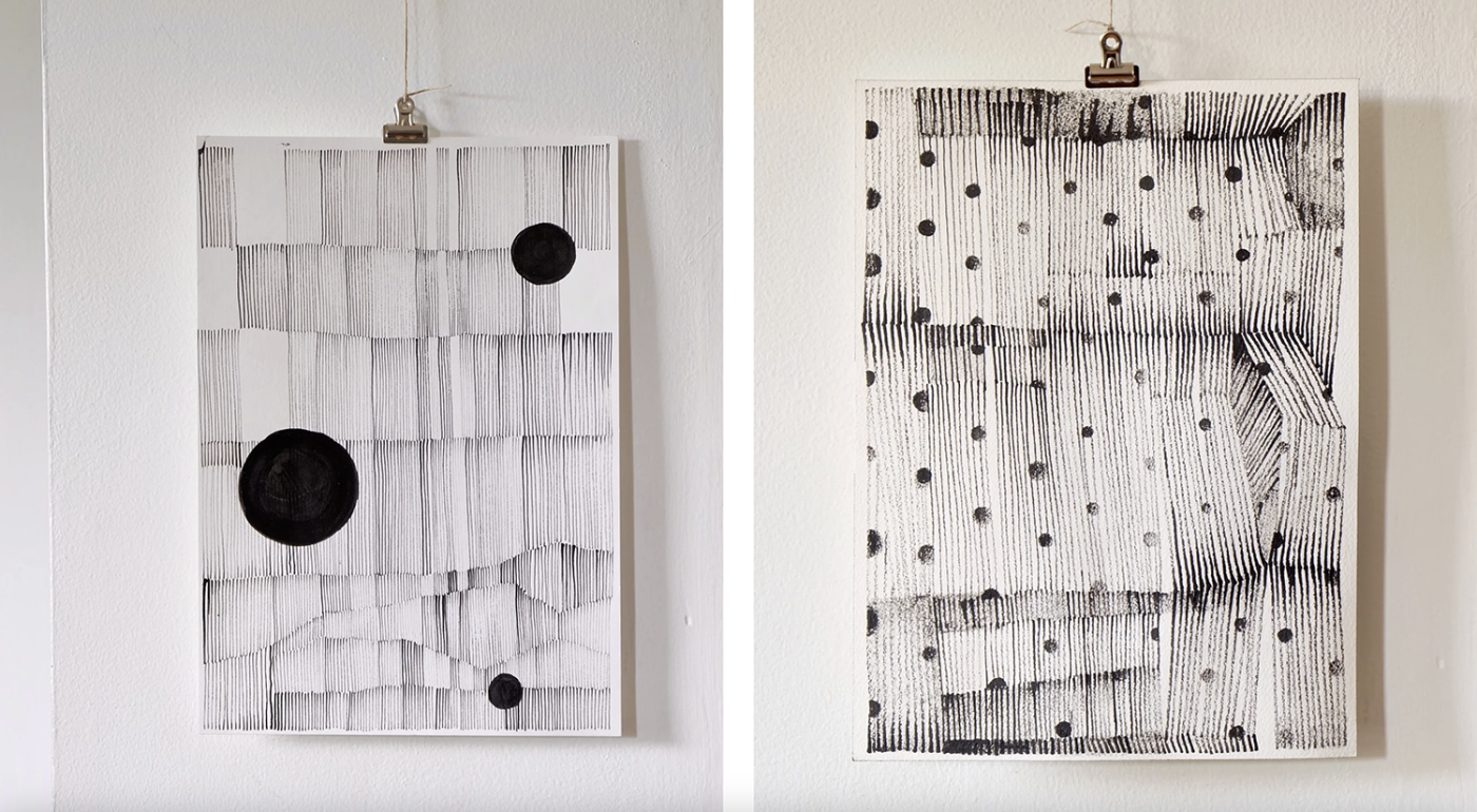 Two black and white paintings by artist Yuko Nishikawa with repeated lines