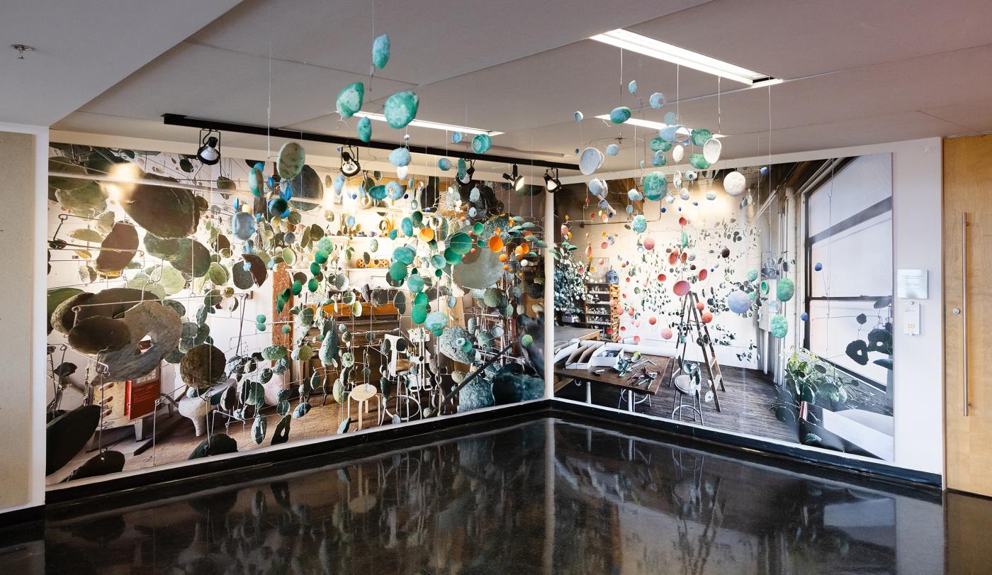 Overview of hanging paper mobile installation in space