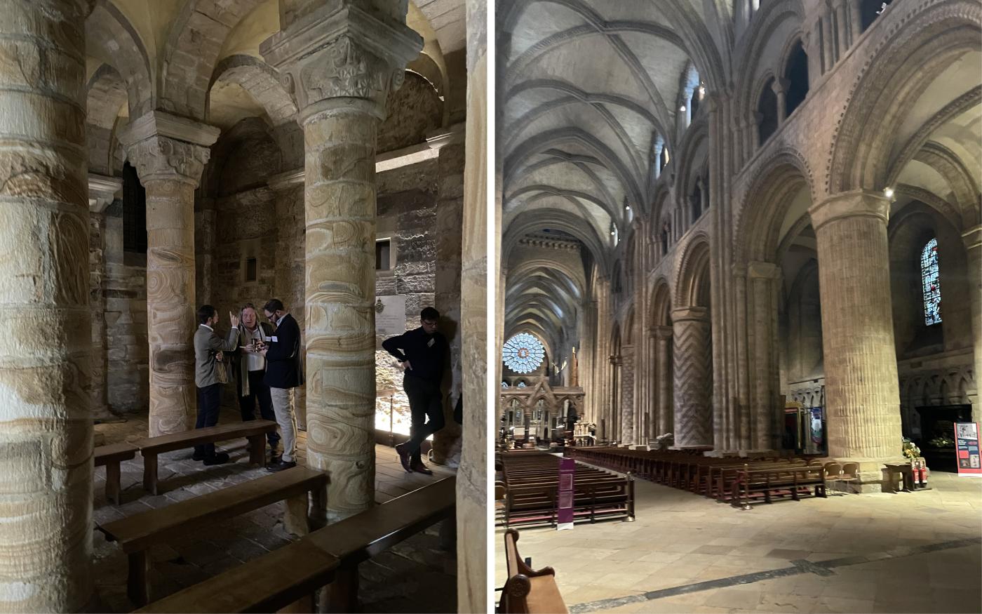 Composite image of two Norman interiors at Durham. Left: the Durham Castle Chapel interior with thick carved stone columns, vaulted ceiling, and visitors standing among wooden benches. Right: the Durham Cathedral nave with massive drum columns, soaring arches, and rows of seating leading toward the altar