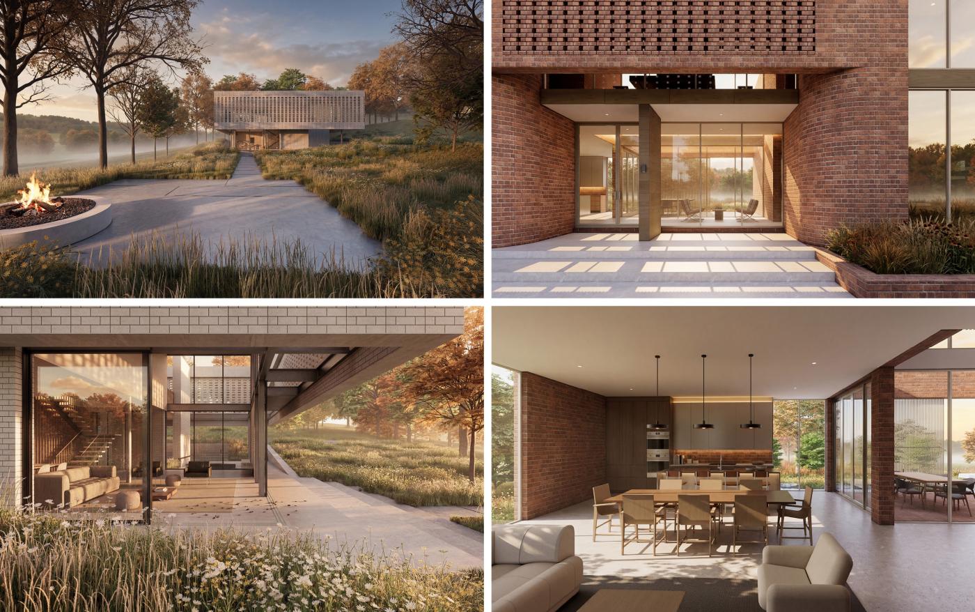 Composite image of four residential designs by Miftakhova Morrell Architecture: left images show the Keswick Residence set within a landscaped, wooded site with a low, modern form, outdoor terrace, and glass-walled living space; right images show the Louisa Road Residence featuring a brick façade with patterned screen, a recessed entry, and an open-plan interior connecting living, dining, and kitchen areas to the surrounding landscape.