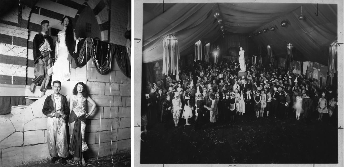 Two historical images of guests at the Beaux Arts Ball (1920s and 1930s)