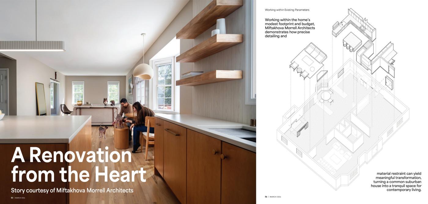 Magazine spread featuring the Via Florence Renovation by Miftakhova Morrell Architects: left page shows a warm, open kitchen and living space with wood cabinetry, floating shelves, and two people interacting with a small dog; right page displays an exploded axonometric drawing of the home illustrating its layout and design elements, alongside accompanying text.