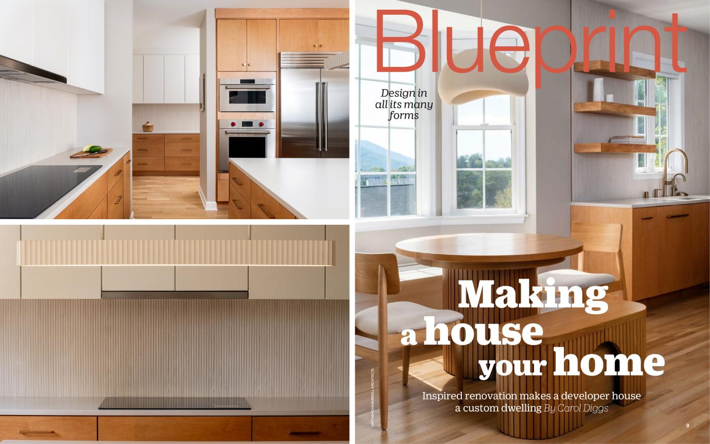 Magazine-style layout featuring images of the Via Florence Renovation by Miftakhova Morrell Architecture, including a bright kitchen, a minimalist cooktop wall with textured backsplash, and a dining nook with a round wood table and bench seating; overlaid text reads “Blueprint: Design in all its many forms” and “Making a house your home.”
