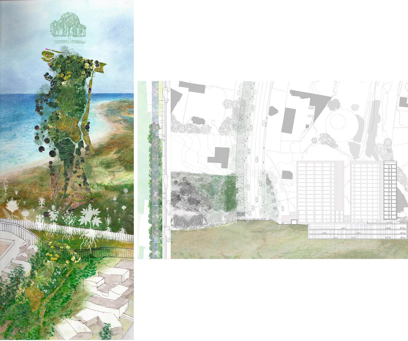 Two images side by side, left map and right site plan