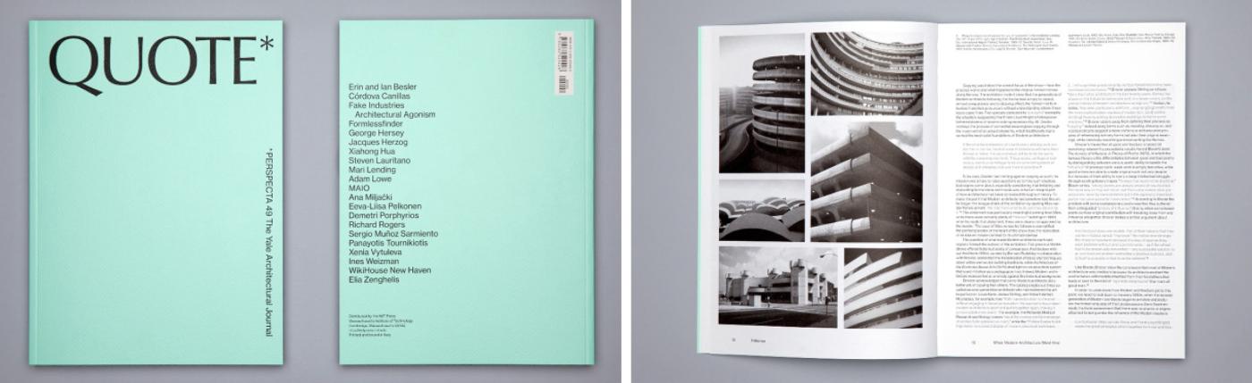 Composite of two images featuring Perspecta 49, “Quote,” the Yale Architectural Journal, including the covers and an interior spread of the publication.