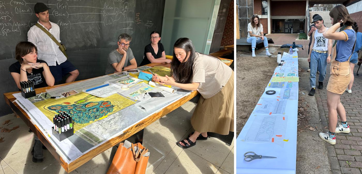 Two images left, people drawing in outdoor classroom, right, a long communal drawing