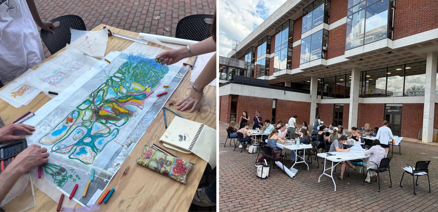 Two images, left, layered drawing on sketchpaper, right, people working in groups on the terrace