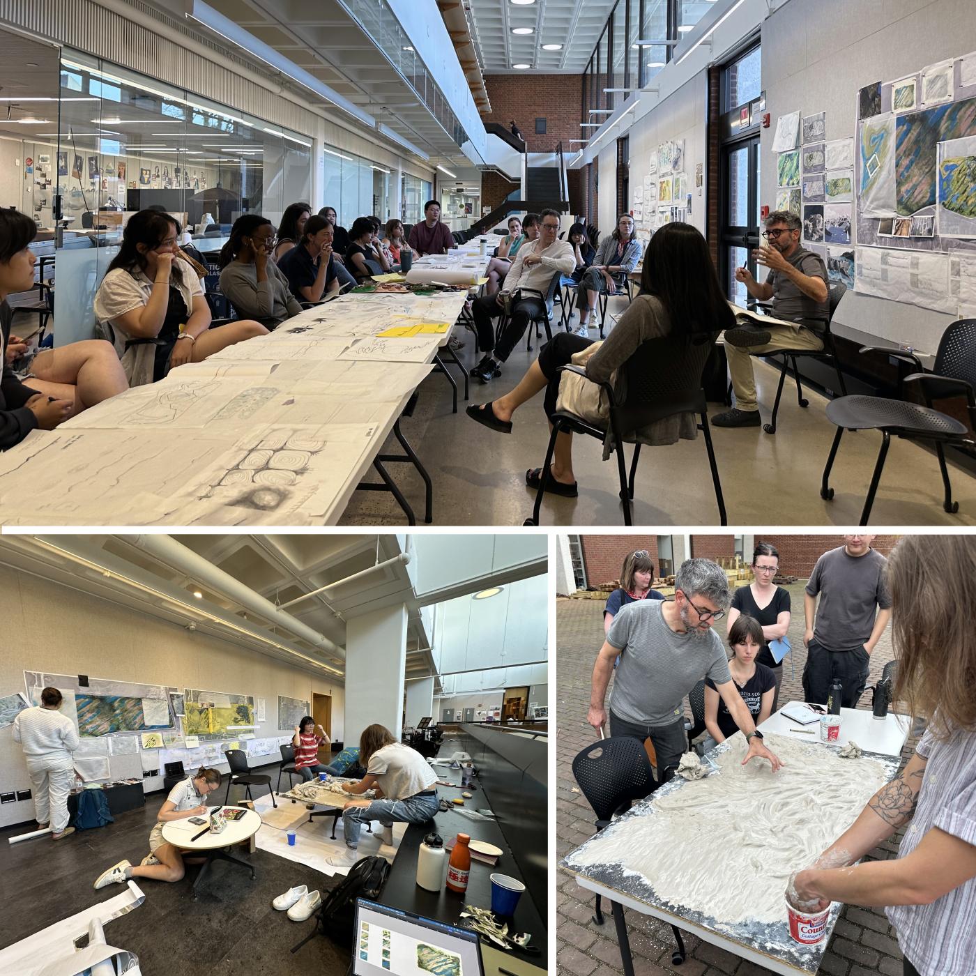 Three images, top, students attending a workshop, left, students drawing, right, landscape architect and students working on a landform model