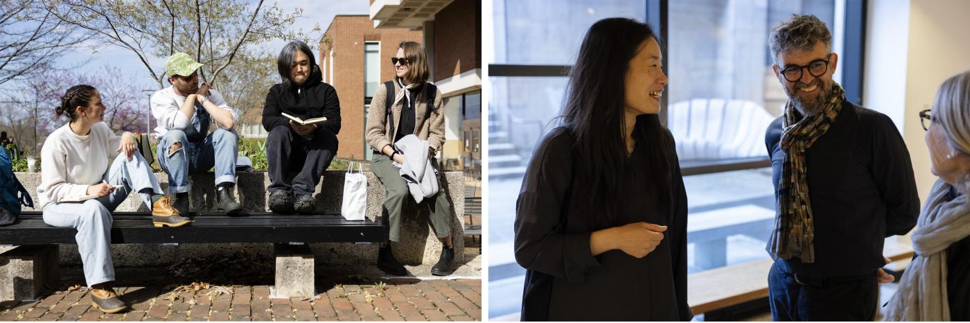 Two images, left, landscape architecture students sitting on bench, right, guest lecturer taking to faculty