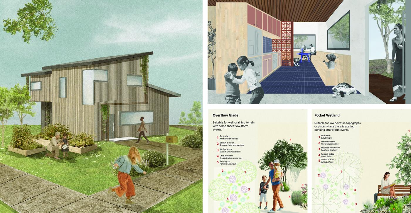 Collage of images of student projects - designs for affordable housing