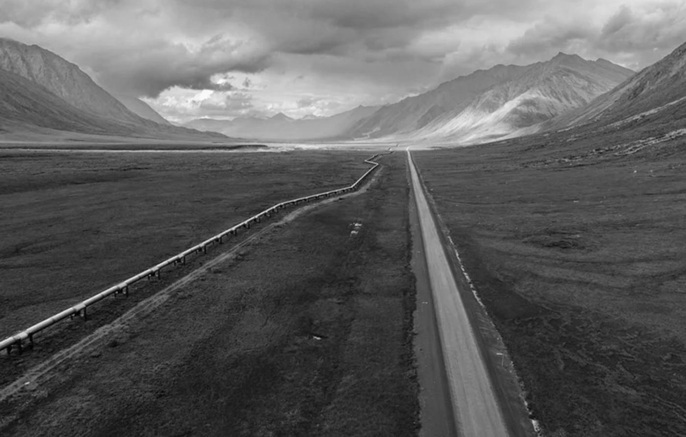 Black and white image of Dalton Highway in Alaska