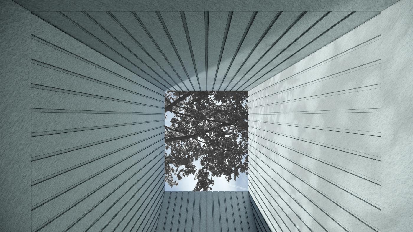 Rendering of oculus looking up to trees