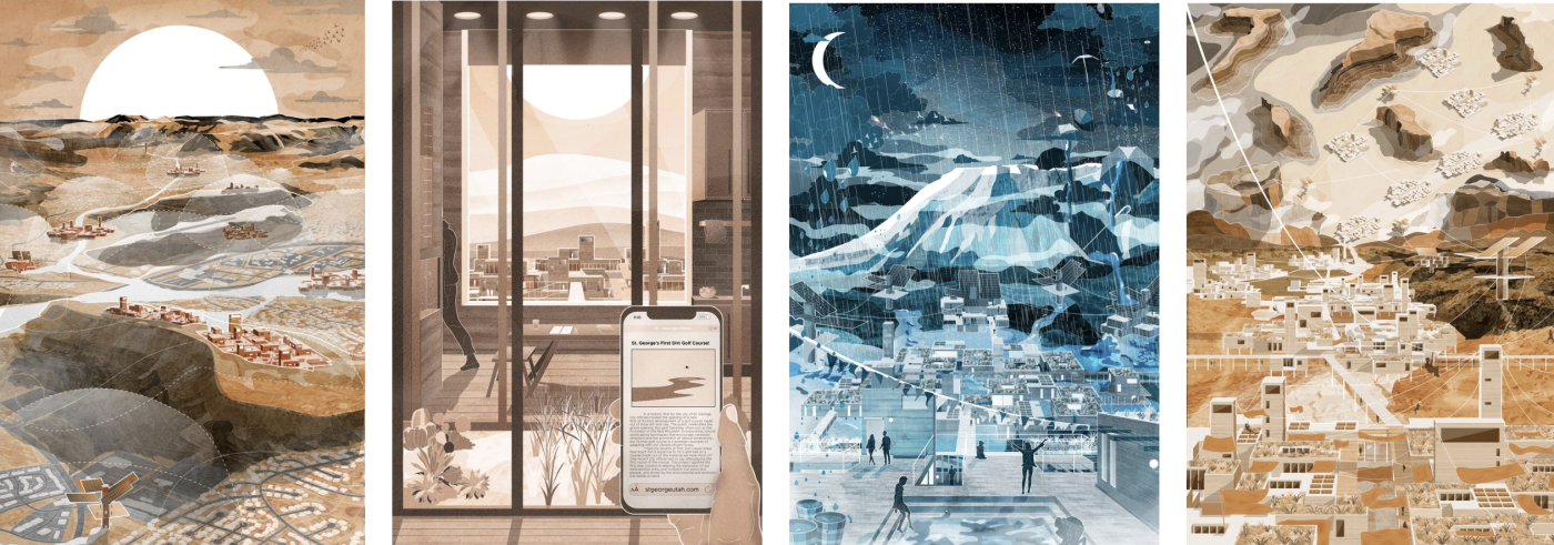Four images side by side of speculative designs for desert living