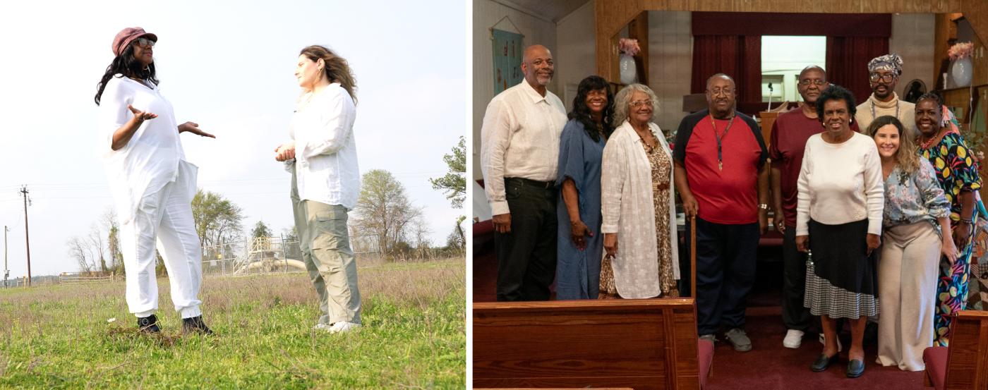 OPI Grantee; Image of two women talking and group shot of people in historic church 