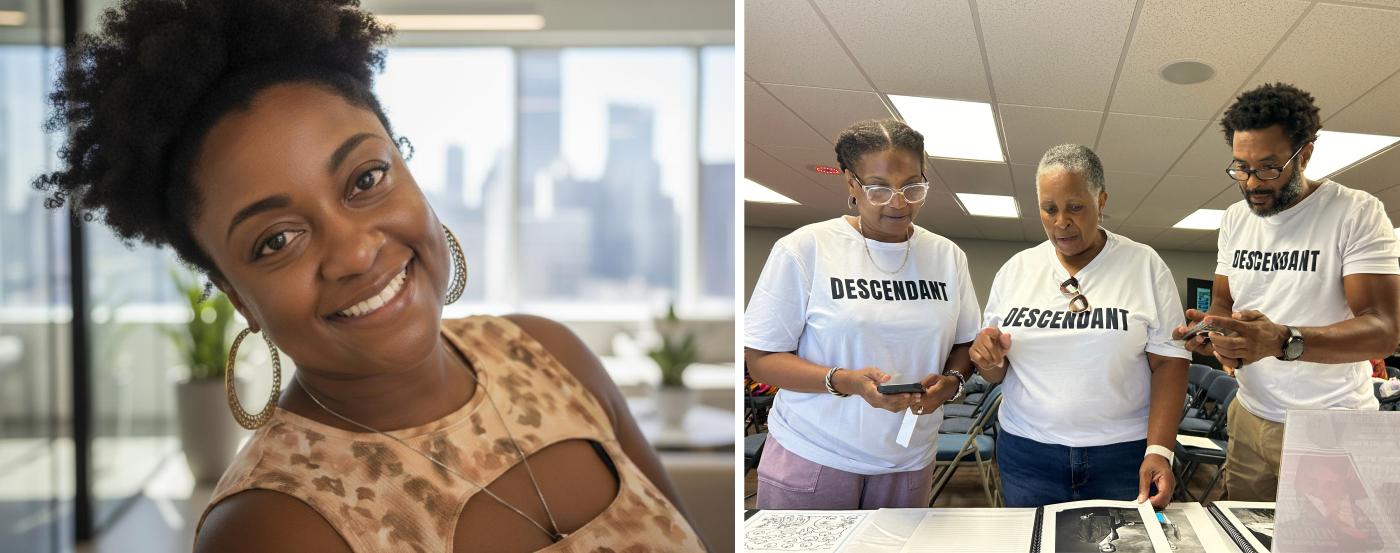 OPI Grantee - headshot and image of three people wearing shirts with the text "Descendant" on it