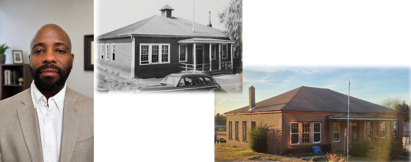 OPI Grantee headshot and two image (before and after) of the Gibson School