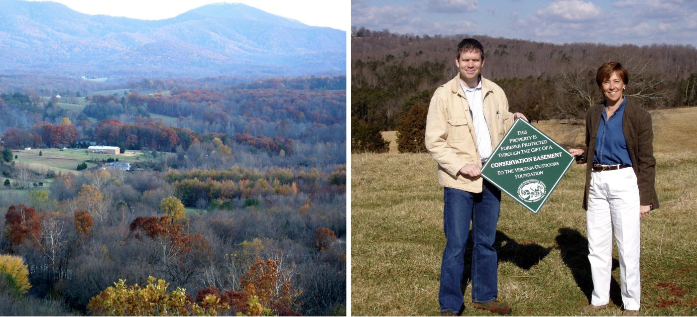Two images: Left, Albemarle County landscape Virginia; Right, Kat Imhoff and another individual holding up a sign describing preserved lands