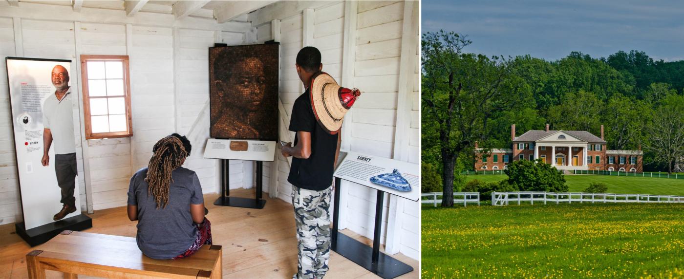 Two images: Left, The Mere Distinction of Color exhibition at Montpelier; Right, photo of front facade of Montpelier