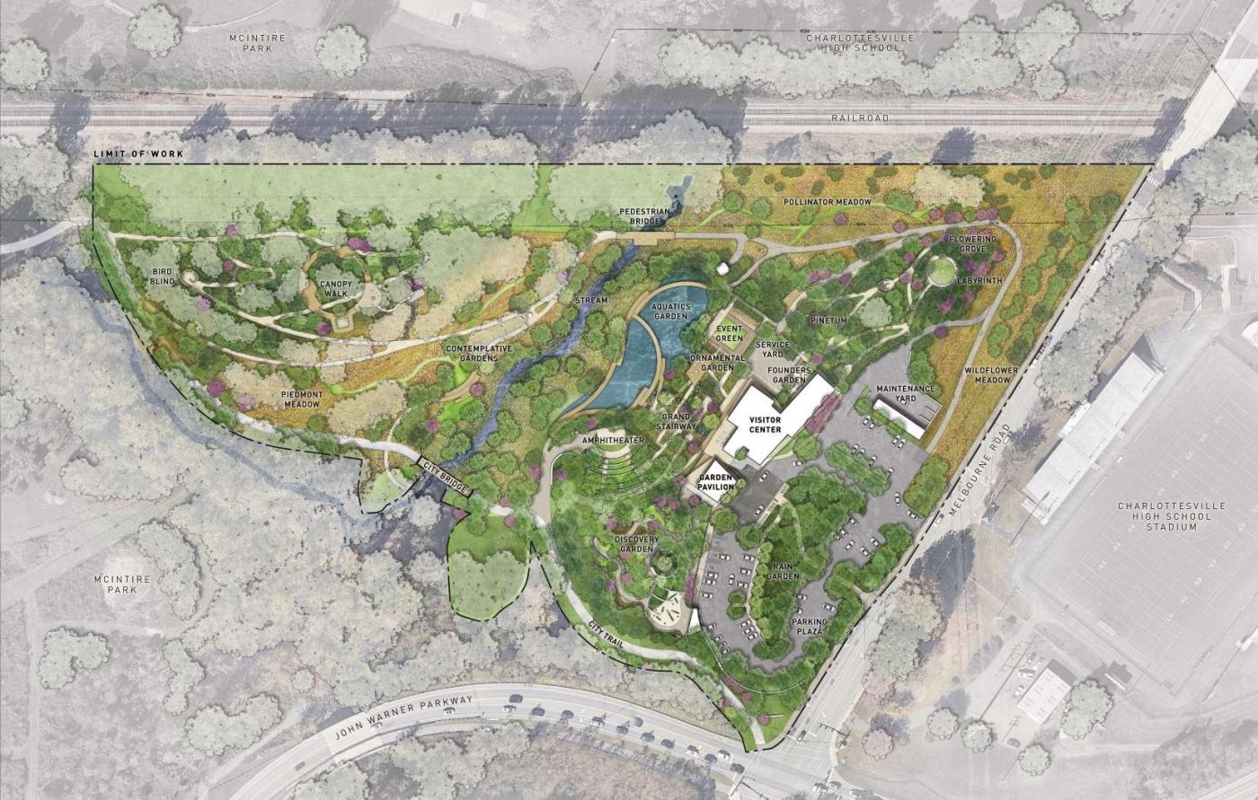 Aerial rendering of a garden masterplan with trails, event spaces, water features, trees, and plantings.