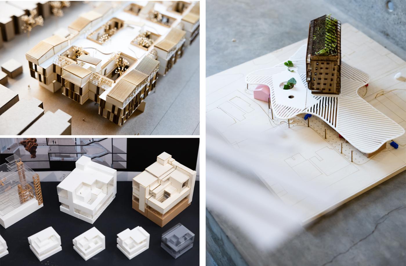 Three images of student work focused on physical models